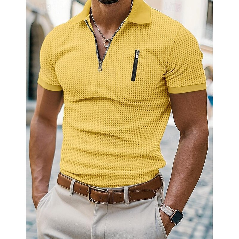 Men's Waffle Polo Shirts Zip Polo Casual Holiday Lapel Quarter Zip Short Sleeve Old Money Style Plain Quarter Zip Summer Regular Fit White Yellow Navy Blue Green Waffle Polo Shirts