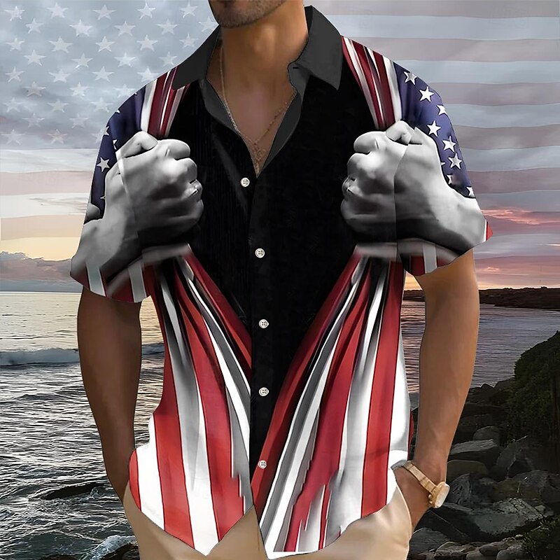 American Independence Day Men's American / USA American Flag National Flag Button Up Shirt Short Sleeve Resort Style Causal Casual Holiday Summer Turndown Buttons Pocket Black Blue4