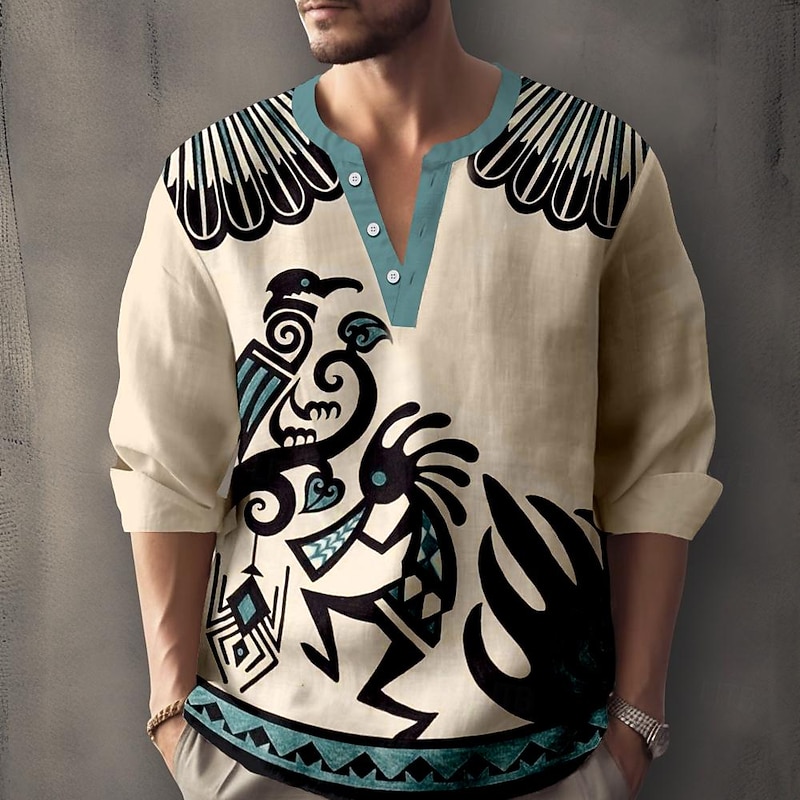 Men's Shirt Button Up Shirt Long Sleeve Casual Tribal Holiday Summer Spring Fall Stand Collar Print Blue Beige