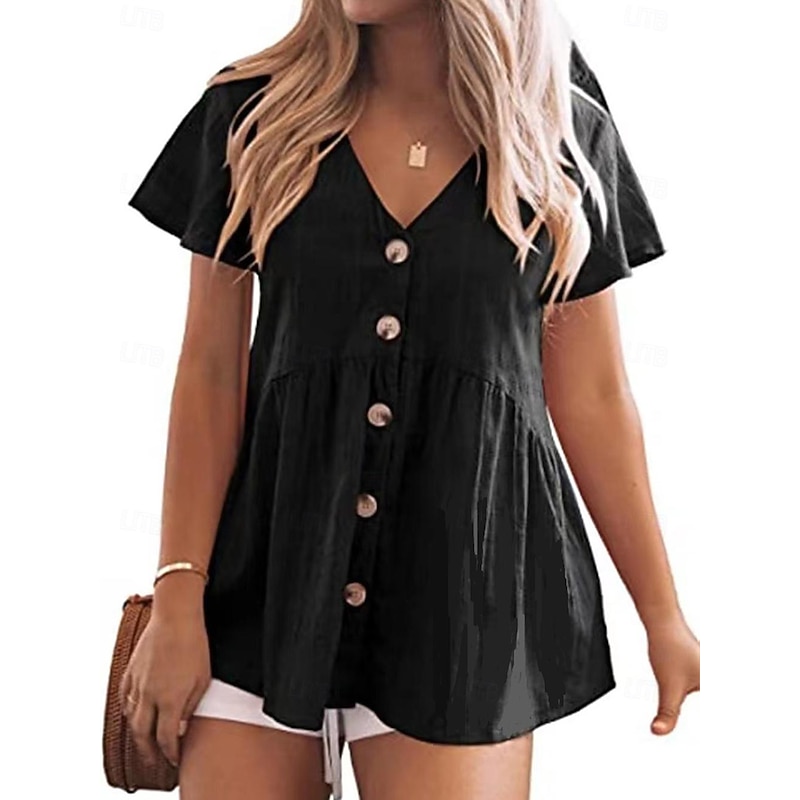 Shirt Button Up Blouse Dressy Tops Women's Black Pink Red Plain Buttons Street Daily Fashion V Neck Regular Fit S