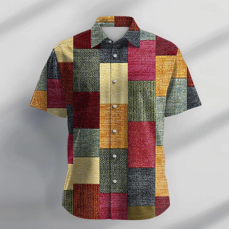 Men's Geometric Geometric Pattern Shirt Button Up Shirt Short Sleeve Vintage Fashion Casual Vacation Daily Summer Turndown Collared Shirts Buttons Print Black Blue Multicolor Brown Khaki