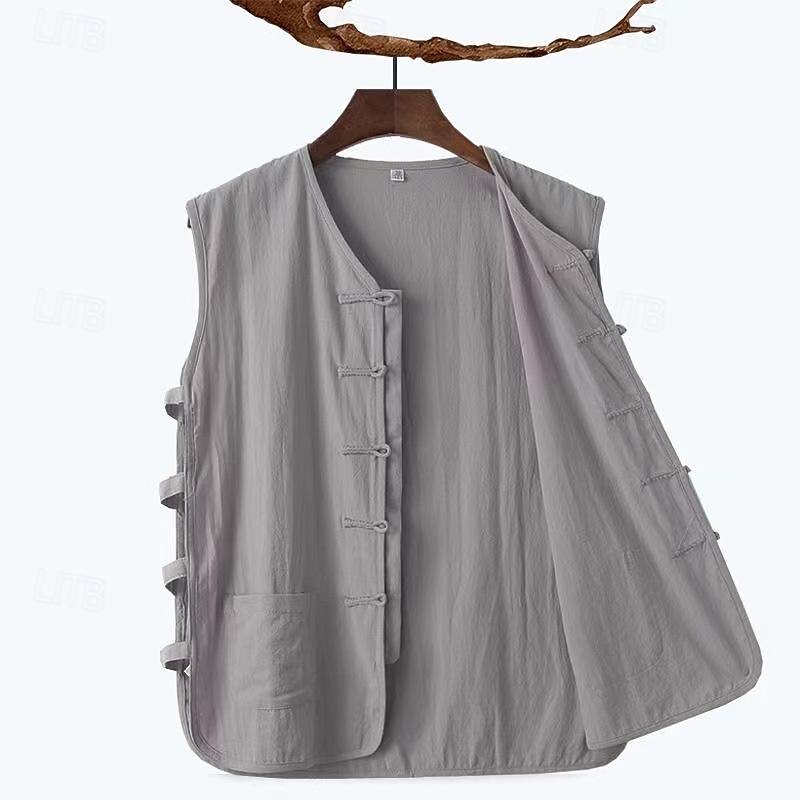 Men's Vest Gilet Daily Vacation Beach Vintage Fashion Spring & Summer Button Pocket 85% Cotton Breathable Comfortable Plain Single Breasted One-button V Neck Regular Fit Black White Burgundy Navy Blue2