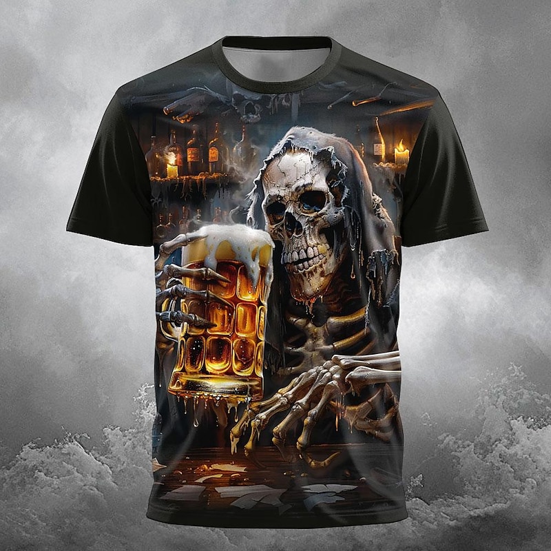 Halloween Day of the Dead Skull Men's Skull Beer T shirt Short Sleeve T shirt 3D Print Crew Neck Shirt Designer Gothic Party Street Summer Spring Clothing Apparel