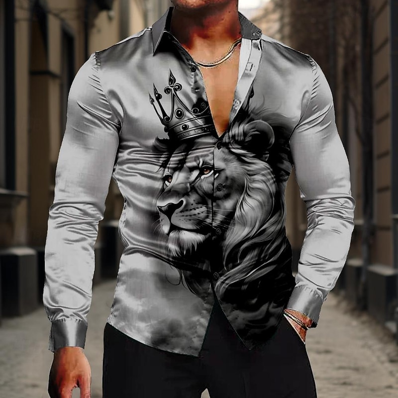 Men's Lion King Shirt Button Up Shirt Long Sleeve Casual Formal Summer Spring Fall Turndown Buttons Print White Yellow Blue Gray4