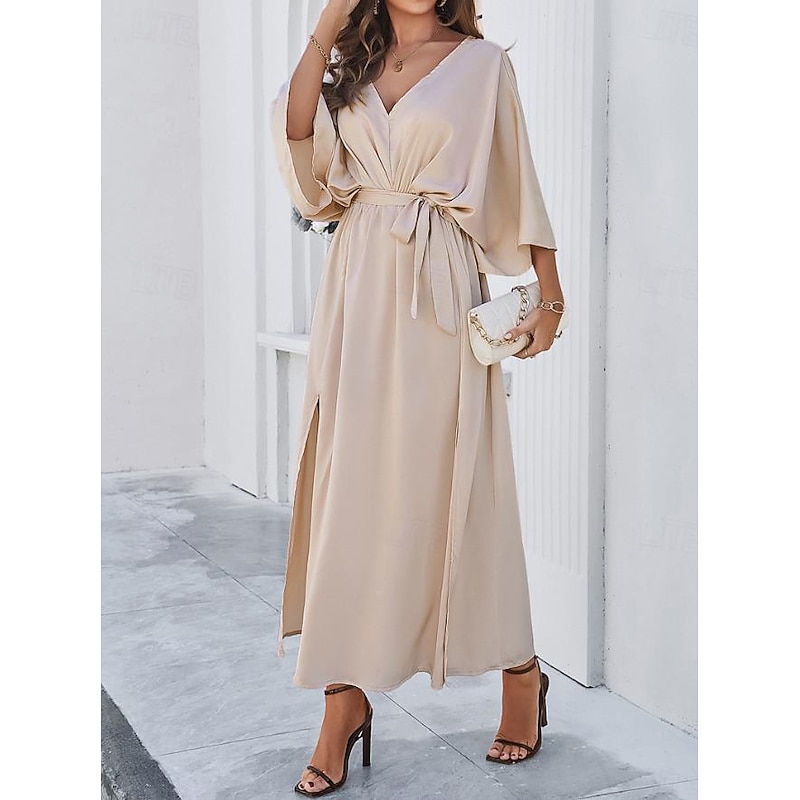 Women's Tiered Dress Maxi Dress Split Thigh Party Formal V Neck 3/4 Length Sleeve Batwing Sleeve Black Wine Green Color2
