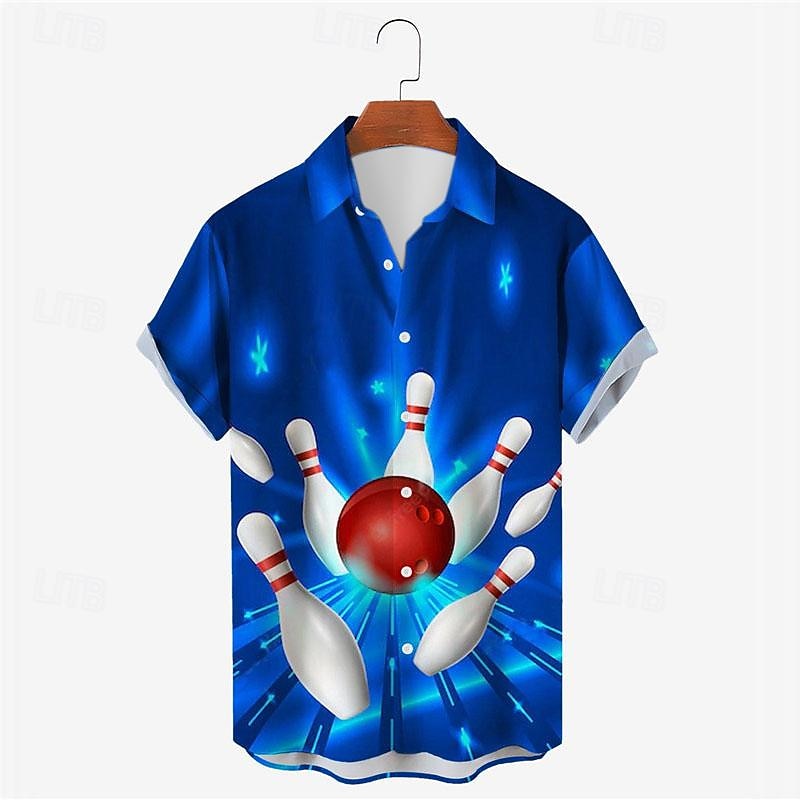 Men's Graphic Prints Bowling Ball Shirt Short Sleeves Shirt Turndown Outdoor Street White + Green Black Yellow Red Blue Print Button-Down Clothing Apparel Designer Casual Soft Breathable