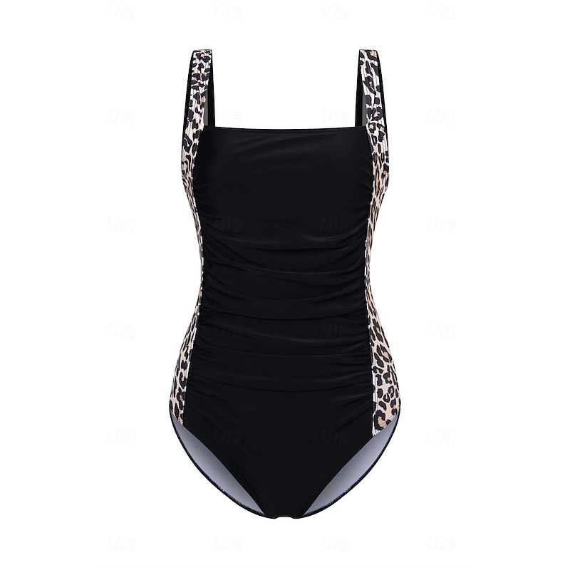 Women's One-Piece Tummy Control Bathing Suits Scoop Neck Leopard Print Panels Racerback Ruched Summer Beachwear Quick-Dry Stretch Fabric Full Size Black Swimsuit4