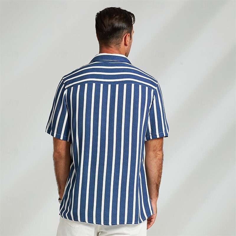 Men's Shirt Summer Shirt Button Up Shirt Casual Shirt Blue Light Blue Short Sleeve Stripes Lapel Daily Wear Vacation Clothing Apparel Fashion Hawaiian Casual Beach4