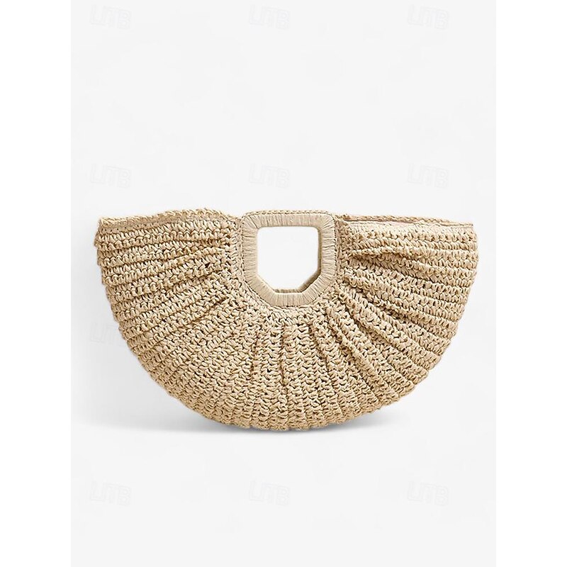 Handcrafted Natural Beige Straw Tote Bag with Unique Square Handle - Perfect Beach and Summer Accessory for Women4