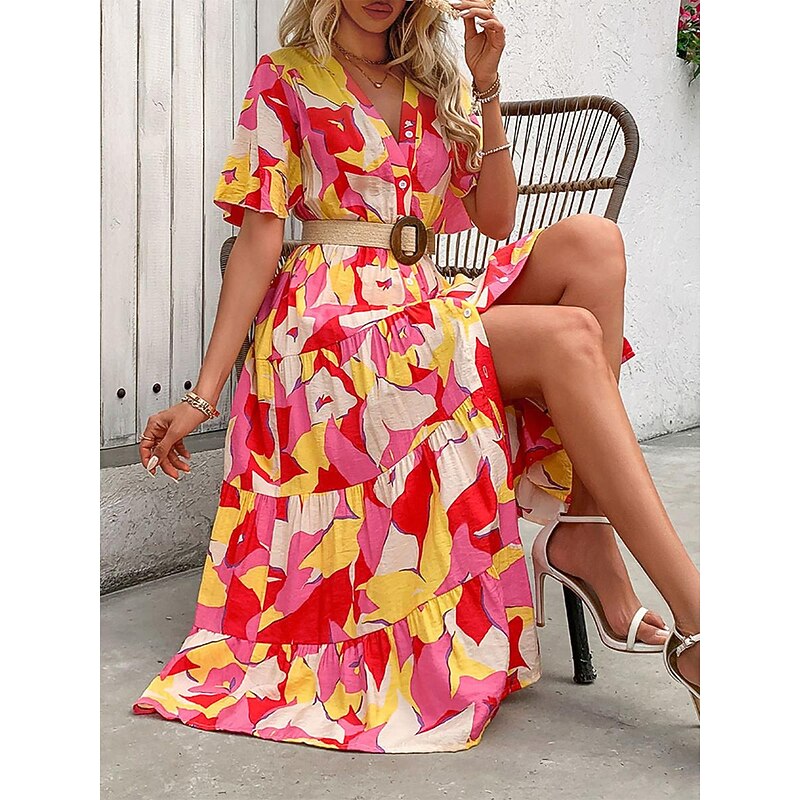 Women's Color Block Button Belted V Neck Ruffle Sleeve Maxi Dress Stylish Daily Short Sleeve Summer