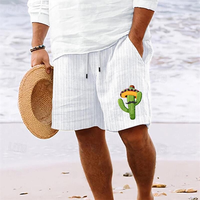 Men's Shorts Summer Shorts Beach Shorts Pocket Drawstring Elastic Waist Plants Comfort Short Sports Outdoor Daily Going out Fashion Casual Black White Micro-elastic2