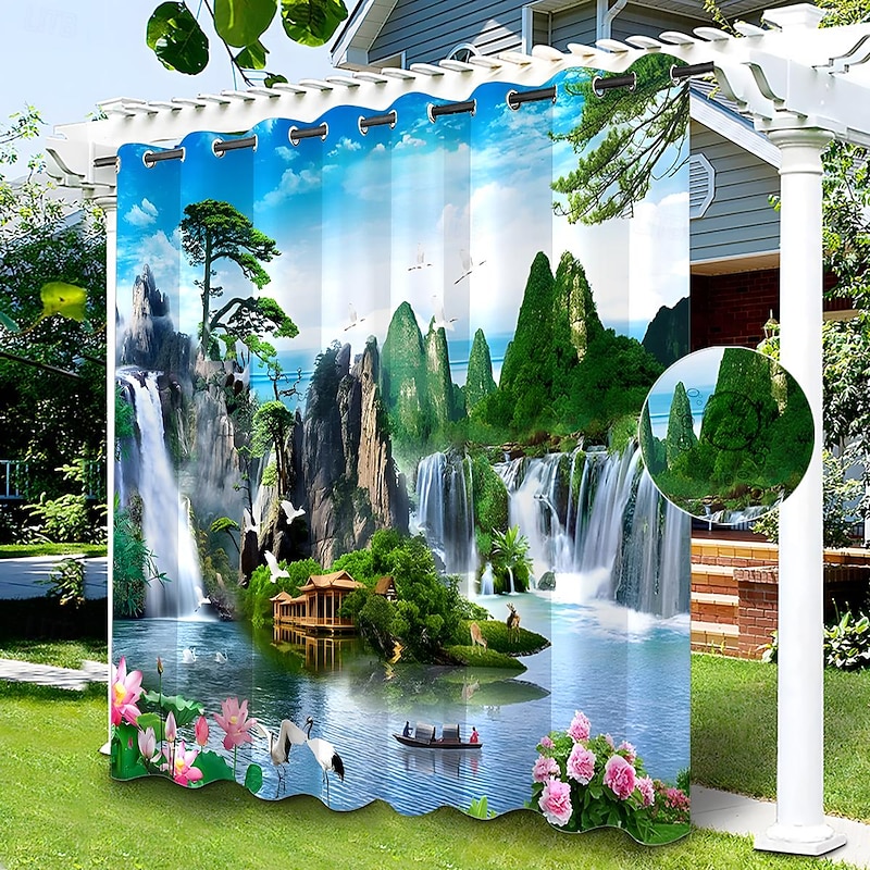 Waterproof Outdoor Curtain Privacy, Sliding Patio Curtain Drapes, Pergola Curtains Grommet 3D Chinese Painting for Gazebo, Balcony, Porch, Party, 1 Panel2