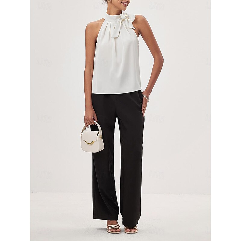 Women's Blouse Dressy Tops Plain Elegant Modern Sleeveless Sleeveless Halter Neck Regular Tops Work Ruched Bow White Summer3