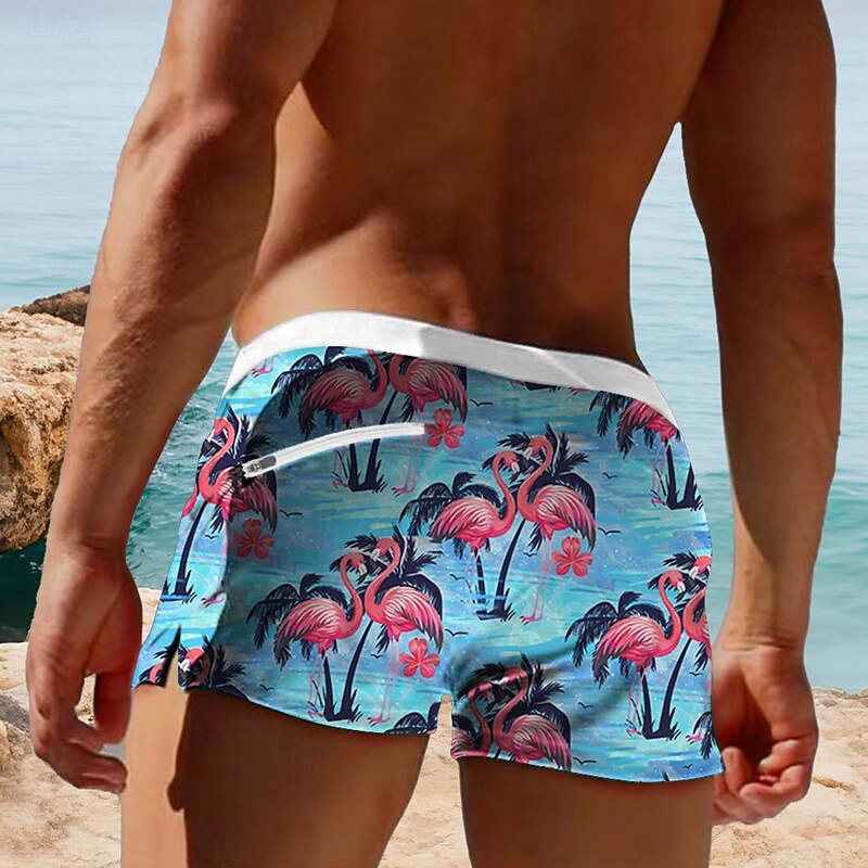 Men's Flamingo Bird Flower / Floral Swim Trunks Swim Shorts Board Shorts Mid Waist Fashion Designer Surfing Holiday Beach Drawstring Pocket Elastic Waist Designer Clothing Apparel4