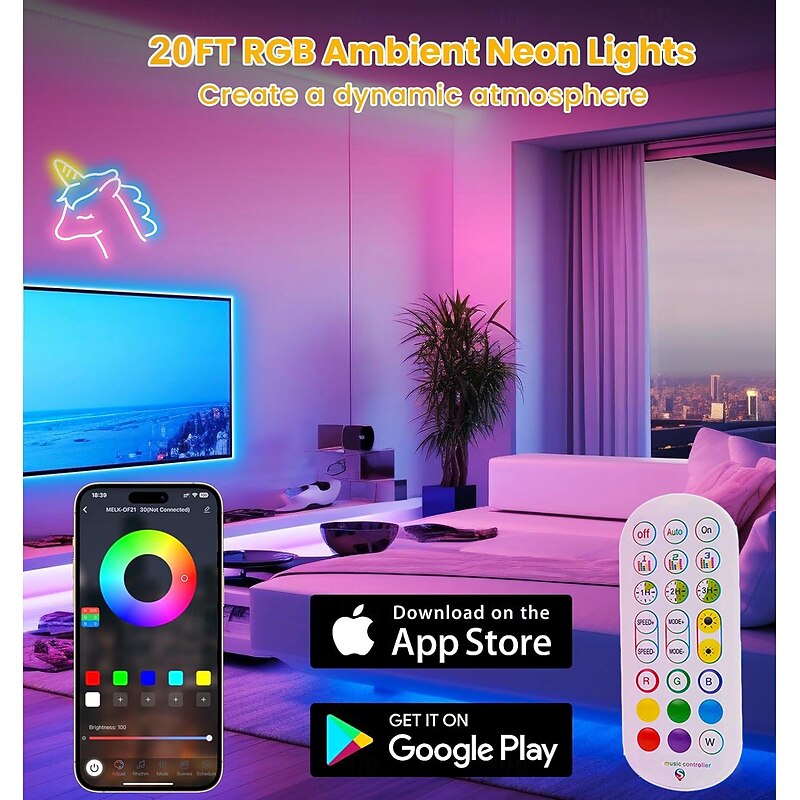 10ft/20ft Waterproof Neon Light Strip, Addressable RGB Rainbow Pixel Light with 2.4G APP Control Bar Synchronize Music Control to DIY LED Neon Sign Art Wall Decoration Lighting Including Power WS28114