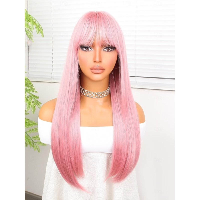 Synthetic Wig Yaki Straight Neat Bang Wig 24 inch Pink+Red Synthetic Hair Women Pink2