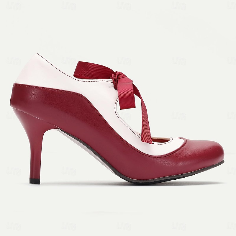 Elegant Vintage Two-Tone Red and White Ribbon-Tie Pumps for Women - Stylish High Heel Dress Shoes