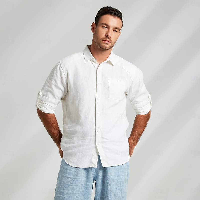 Men's 100% Linen Shirt White Long Sleeve Solid Color Turndown Summer Outdoor Office / Career Clothing Apparel Button4