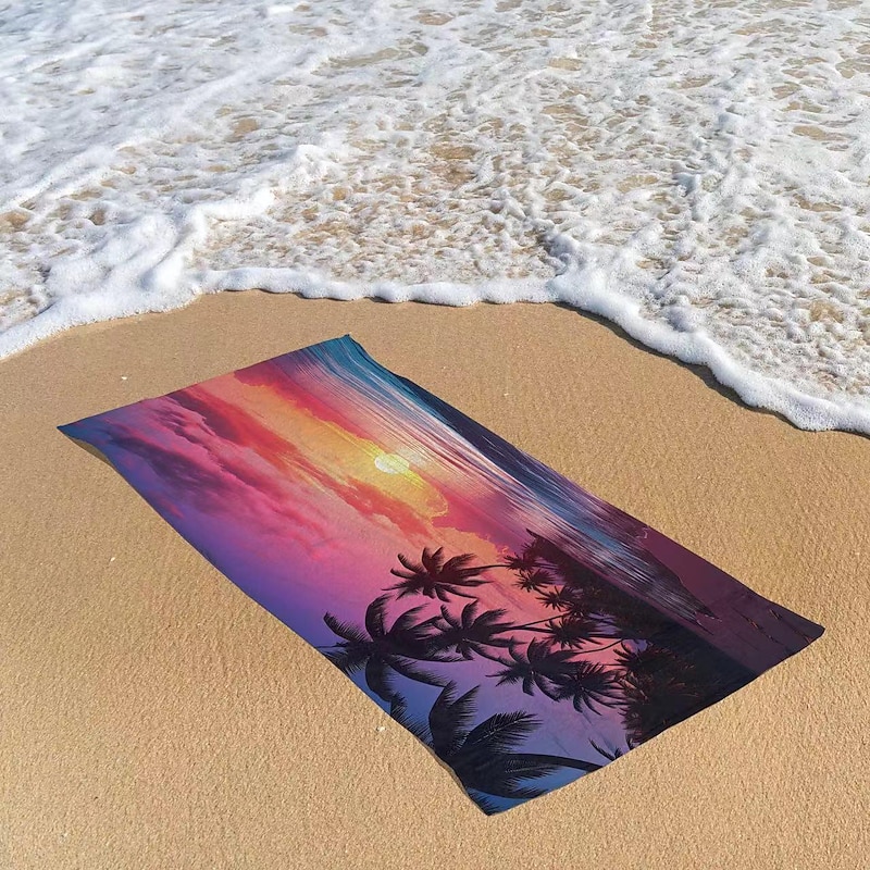 Summer Sunset Beach Towel 100% Micro Fiber Coconut Tree Print Large Beach Towel Soft and Quick-drying Bathroom Towel Super Absorbent Towel Lightweight Suitable for Outdoor Travel