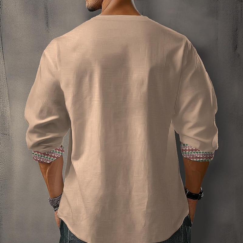 Men's Ethnic Shirt Button Up Shirt Henley Shirt Long Sleeve Casual Tribal Vacation Daily Summer Spring Fall Collarless V Neck Print Blue Khaki3
