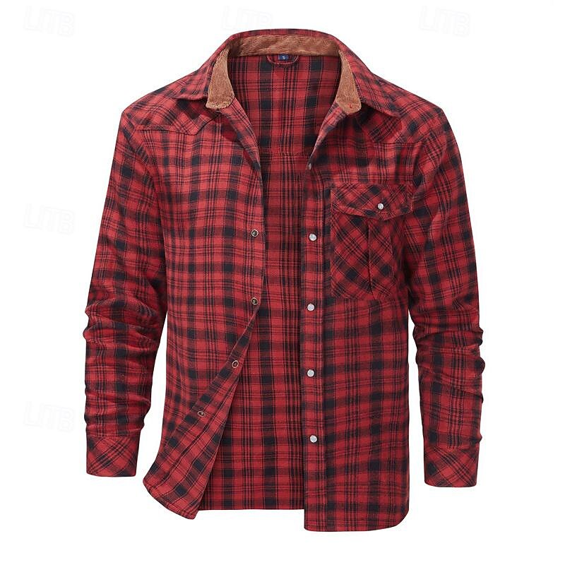 Men's Shirt Casual Shirt Plaid Shirt Button Up Shirt Overshirt Checked Shirts Red Blue Green khaki Gray Long Sleeve Plain Turndown Vacation Holiday Pocket Clothing Apparel Cotton Cotton Blend Fashion3