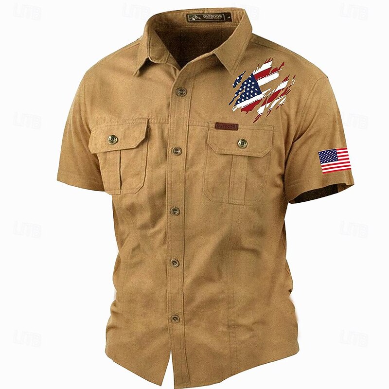 Men's American US Flag Flag / National flag Work Shirt Western Shirt Cargo Shirt Short Sleeve Casual Tactical Sports & Outdoor Going out Summer Spring Turndown Print Army Green Khaki4