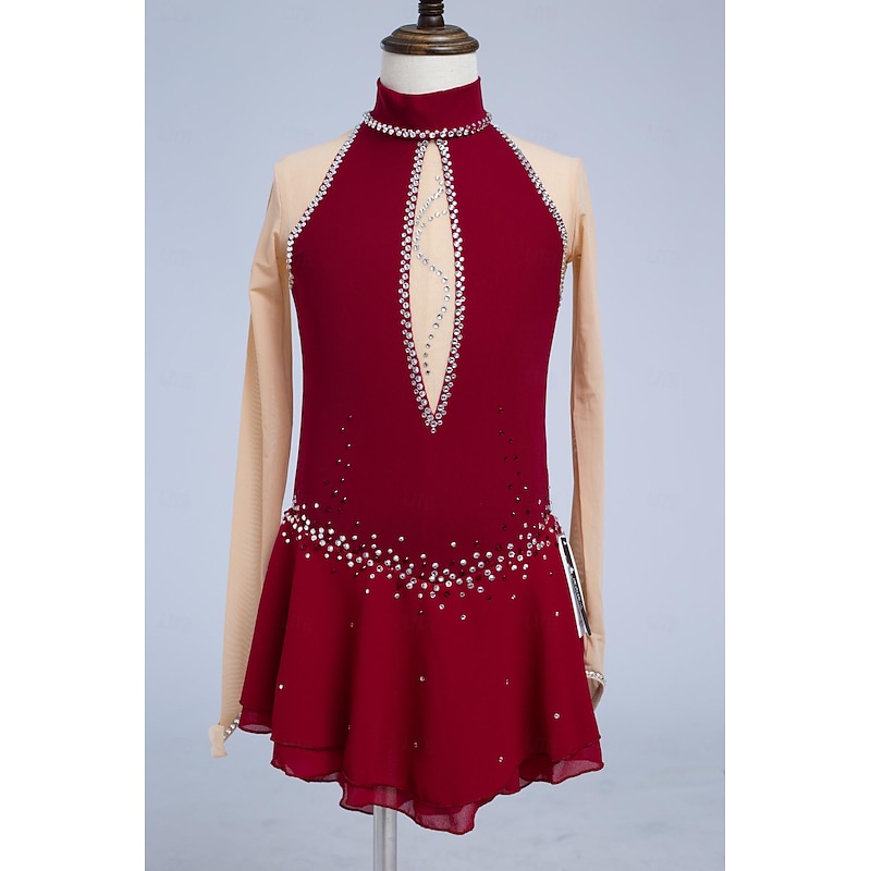Figure Skating Dress Women's Girls' Ice Skating Dress Burgundy Thumbhole Mesh Spandex Stretchy Training Practice Professional Skating Wear Thermal Warm Classic Crystal / Rhinestone Long Sleeve Ice