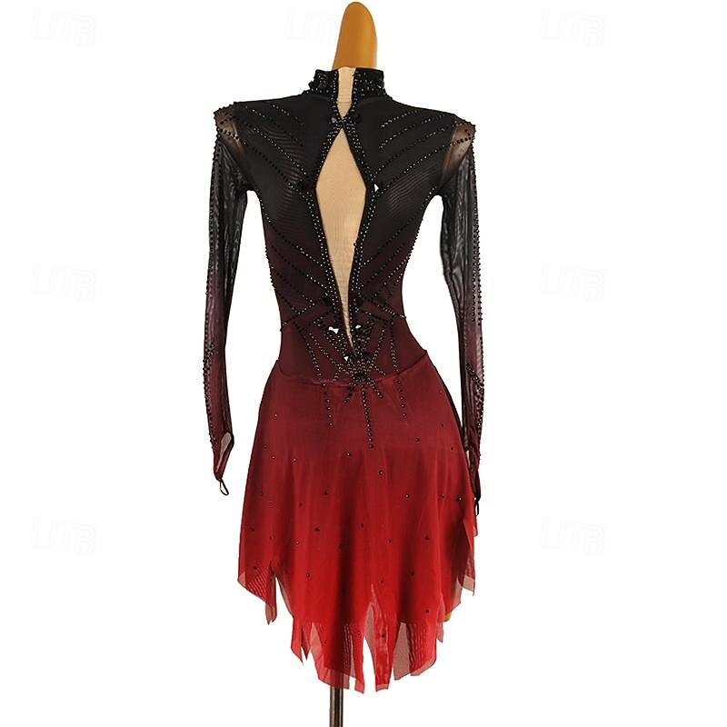 Figure Skating Dress Women's Girls' Ice Skating Dress Red Patchwork Halo Dyeing Mesh Spandex High Elasticity Training Practice Professional Skating Wear Classic Crystal / Rhinestone Long Sleeve Ice4