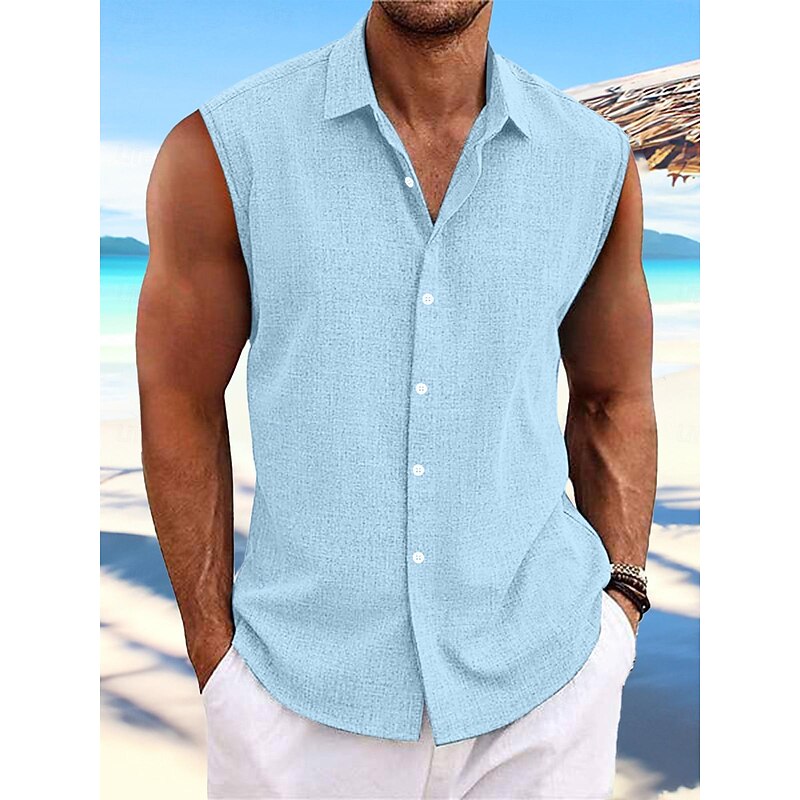 Men's Shirt Linen Shirt Summer Shirt Beach Wear Button Up Shirt Plain Vacation Curise White Pink Light Blue Short Sleeve Collar Summer Spring Clothing Apparel