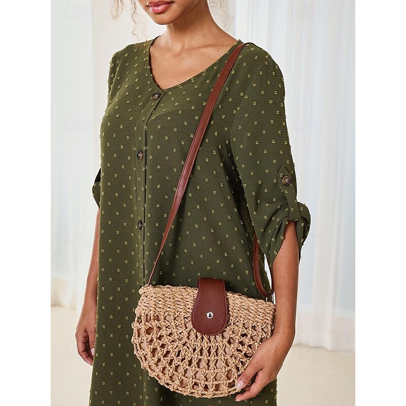 Handwoven Straw Crossbody Bag with Leather Closure - Casual Summer Beach Accessory for Women3