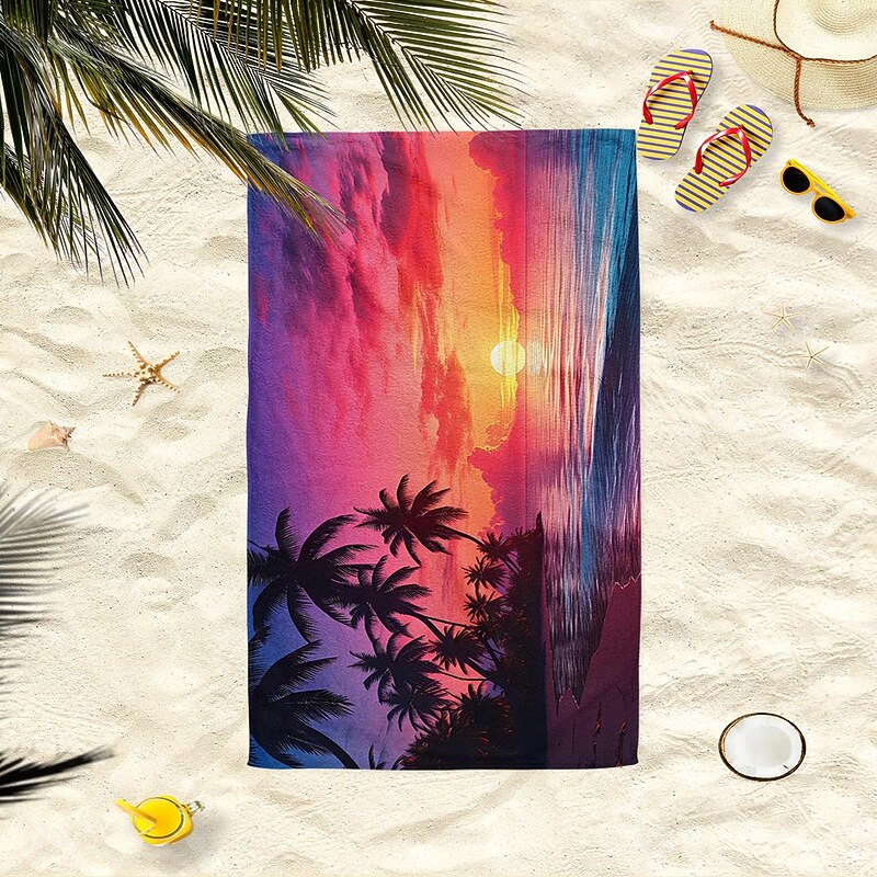 Summer Sunset Beach Towel 100% Micro Fiber Coconut Tree Print Large Beach Towel Soft and Quick-drying Bathroom Towel Super Absorbent Towel Lightweight Suitable for Outdoor Travel3