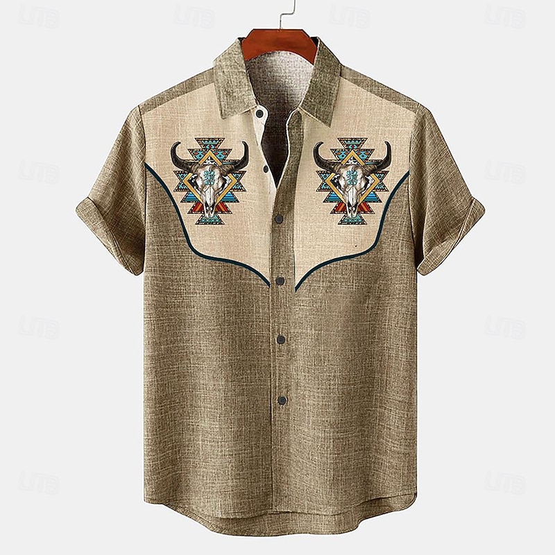 Men's Shirt Linen Shirt Retro Shirts Vintage Shirt Ethnic Shirt Western Work Causal Blue Green khaki Short Sleeve Turndown Summer Spring Clothing Apparel4