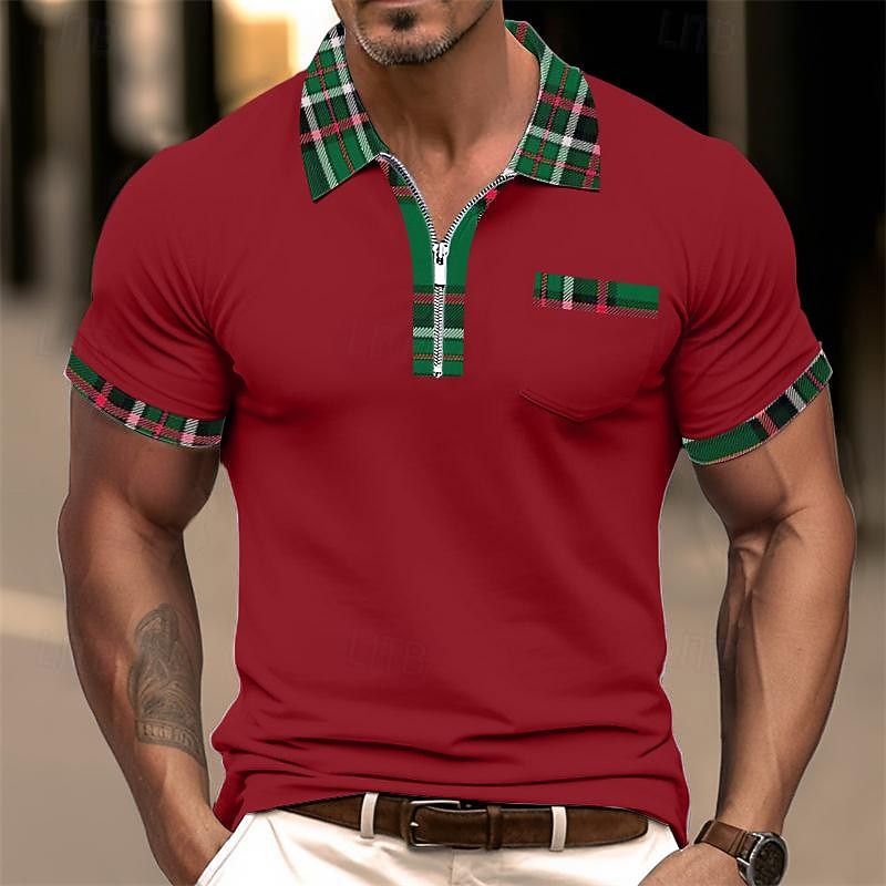 Men's Zip Polo Golf Shirt Casual Lapel Quarter Zip Short Sleeve Fashion Basic Plain Quarter Zip Summer Regular Fit Dark red Zip Polo