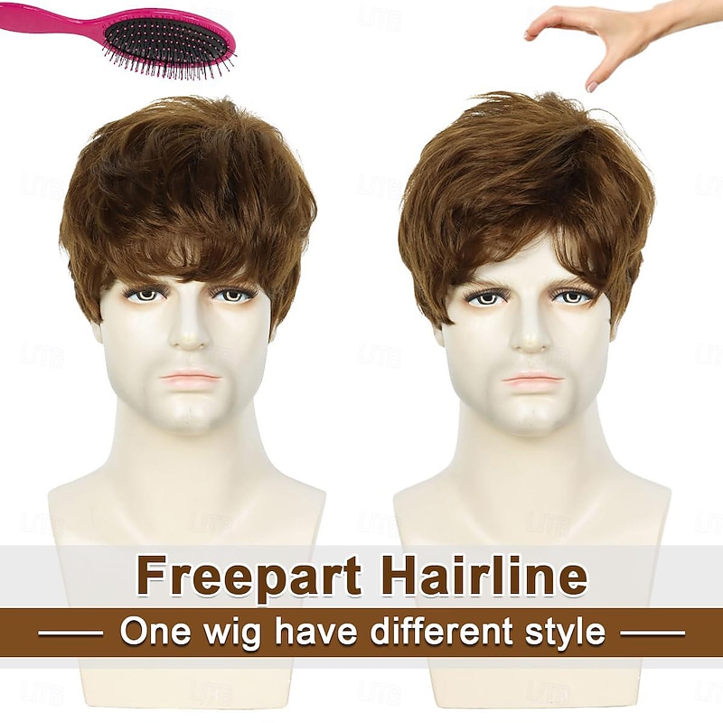Mens Wig, Short Brown Wig for Men Layered Natural Fluffy Synthetic Hair Wig Heat Resistant Halloween Cosplay Wig3