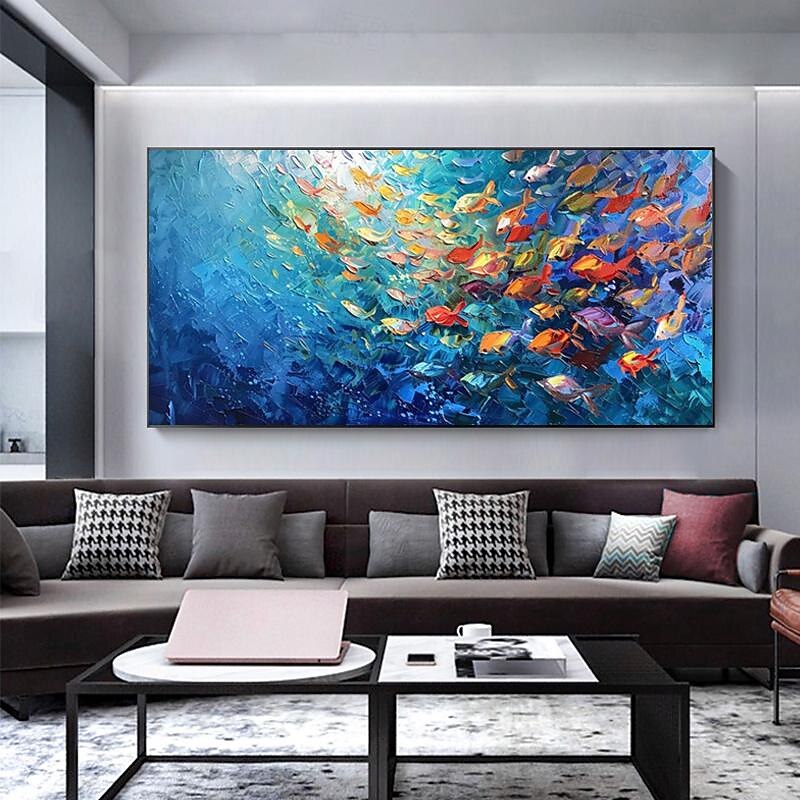 Handmade Original Swimming Fishes Blue Ocean Oil Painting On Canvas Extra Large Wall Art Abstract Fish Art Custom Painting Minimalist Living Room Decor Gift No Frame4