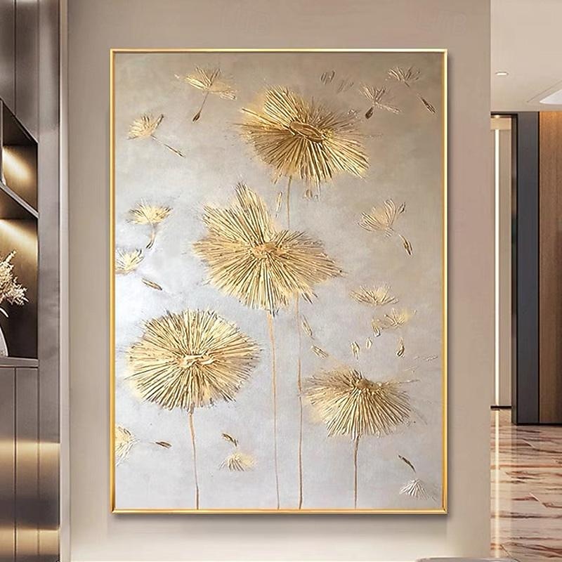 Handpainted 3 D Gold Foil Dandelion Painting Gold Accent Painting Home Accent Piece Statement Painting Hotel Wall Painting Gold Leaf Wildflower Painting Rolled Canvas (No Frame)
