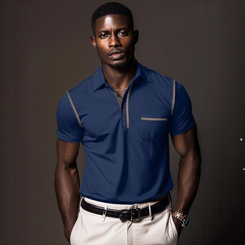Men's Polo Shirt Golf Shirt Work Casual Lapel Ribbed Polo Collar Short Sleeve Basic Modern Color Block Patchwork Button Spring & Summer Regular Fit Dark Gray Black White Burgundy Navy Blue Blue Polo2
