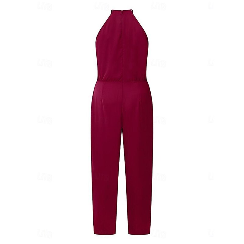 Women's Normal Jumpsuit Elegant Solid Color Sleeveless Crew Neck Pocket High Waist Office Business Regular Fit Wine Summer3