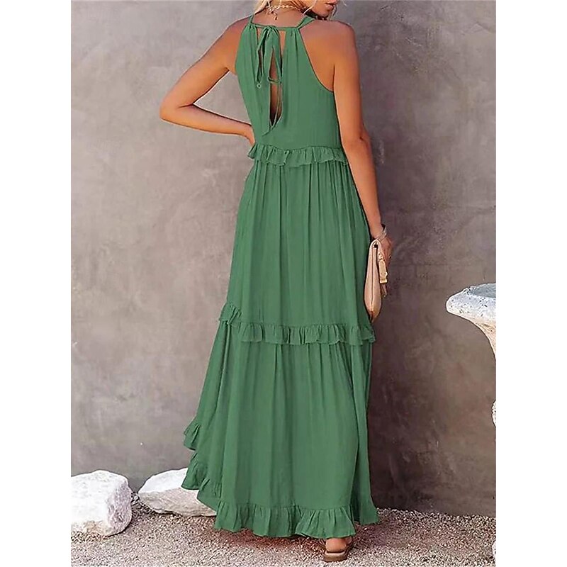 Women's Casual Dress Maxi Dress Ruffle Pocket Date Vacation Streetwear Maxi Halter Neck Sleeveless Pink Green Dark Blue Color2