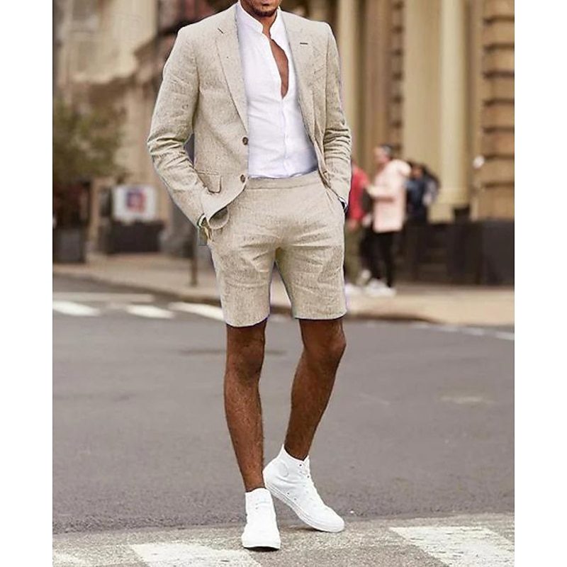 Men's Homecoming Linen Linen Suits Notch Dusty Rose Purple Solid Colored Tailored Fit 2 Piece Single Breasted Two-buttons3