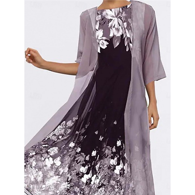Women's Dress Set Chiffon Dress Formal Floral Print Maxi Dress Half Sleeve Crew Neck Party Purple Gray Summer Loose Fit2