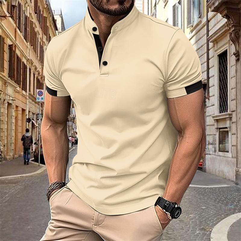 Men's Golf Shirt Golf Polo Work Casual Stand Collar Short Sleeve Basic Modern Color Block Patchwork Button Spring & Summer Regular Fit Black White Navy Blue Sky Blue Khaki Gray Golf Shirt4