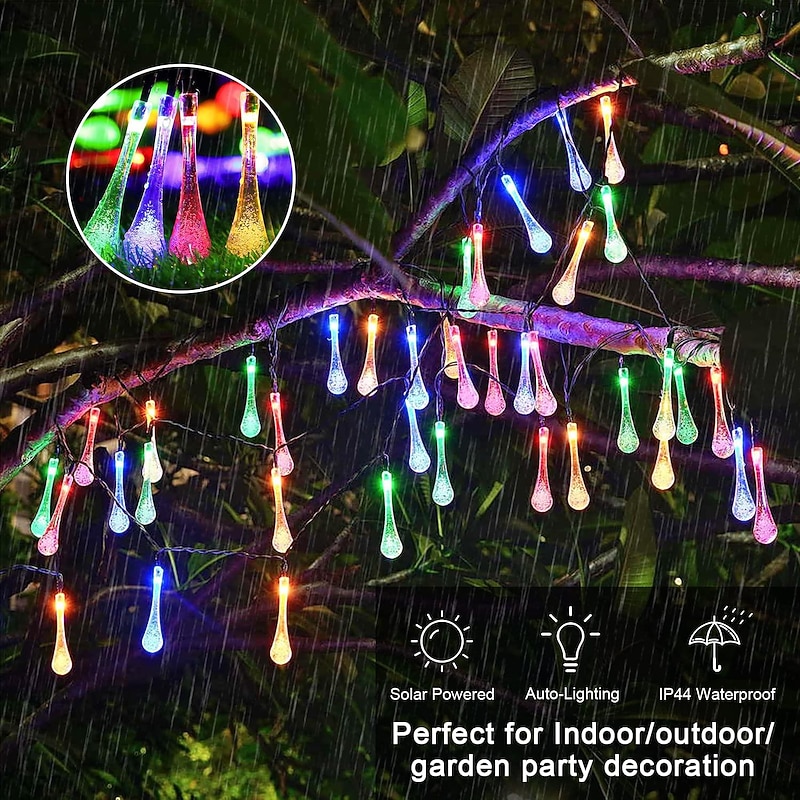 Solar Outdoor String Lights, Total 10M-100Leds Teardrop Water Drop Lights, Solar Christmas Lights Outdoor Waterproof for Garden Patio Yard Tree Party Christmas Decor3