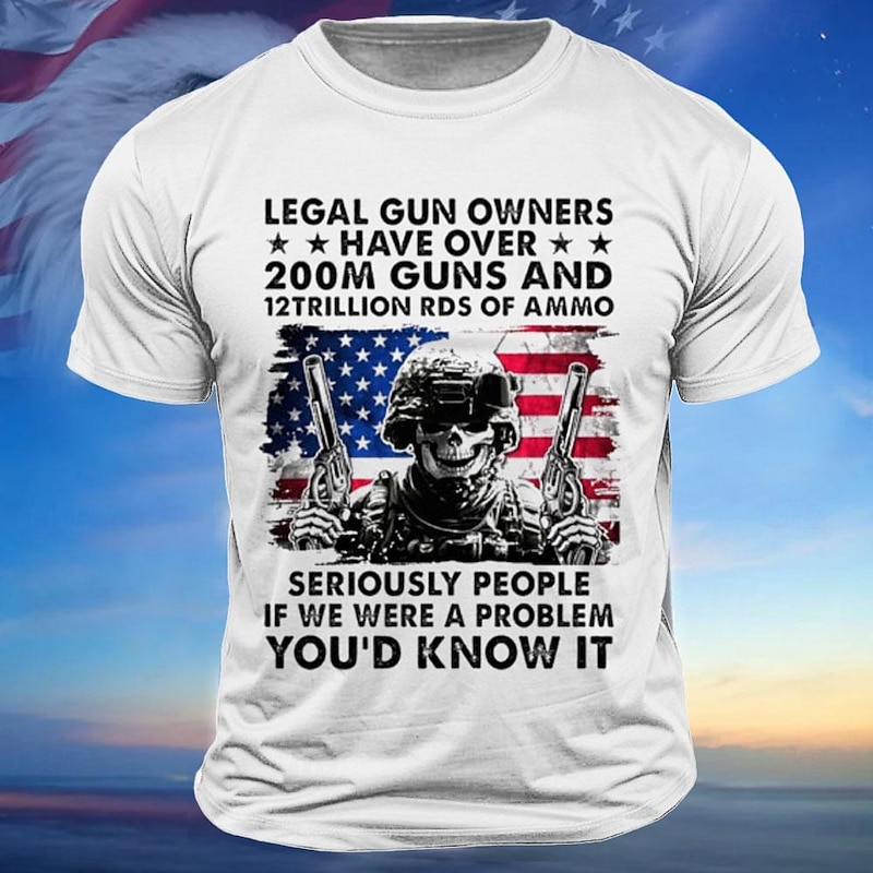 Veterans Day Men's Patriot Patriotic Veteran Flag Skull Letter American US Flag Veterans T shirt Tee Top Short Sleeve T shirt Crew Neck Shirt Sports Classic Casual Street Sports Outdoor Black White - Main Image