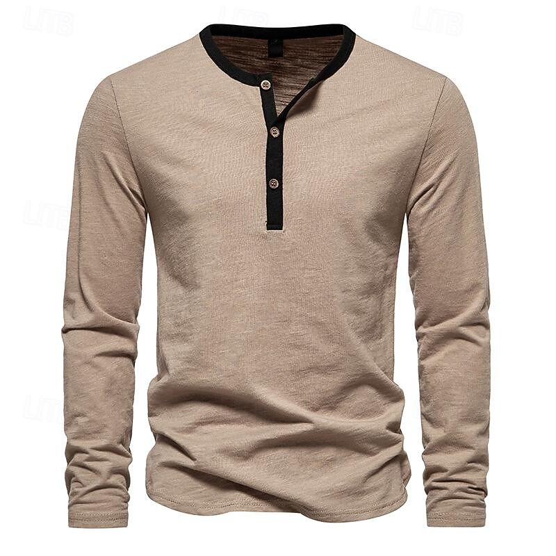 Men's Button T Shirt T Shirt Henley Shirt Tee Long Sleeve Henley Spring &  Fall Plain Fashion Designer Basic Vacation Street Going out Black White Khaki Top Tee for Men4