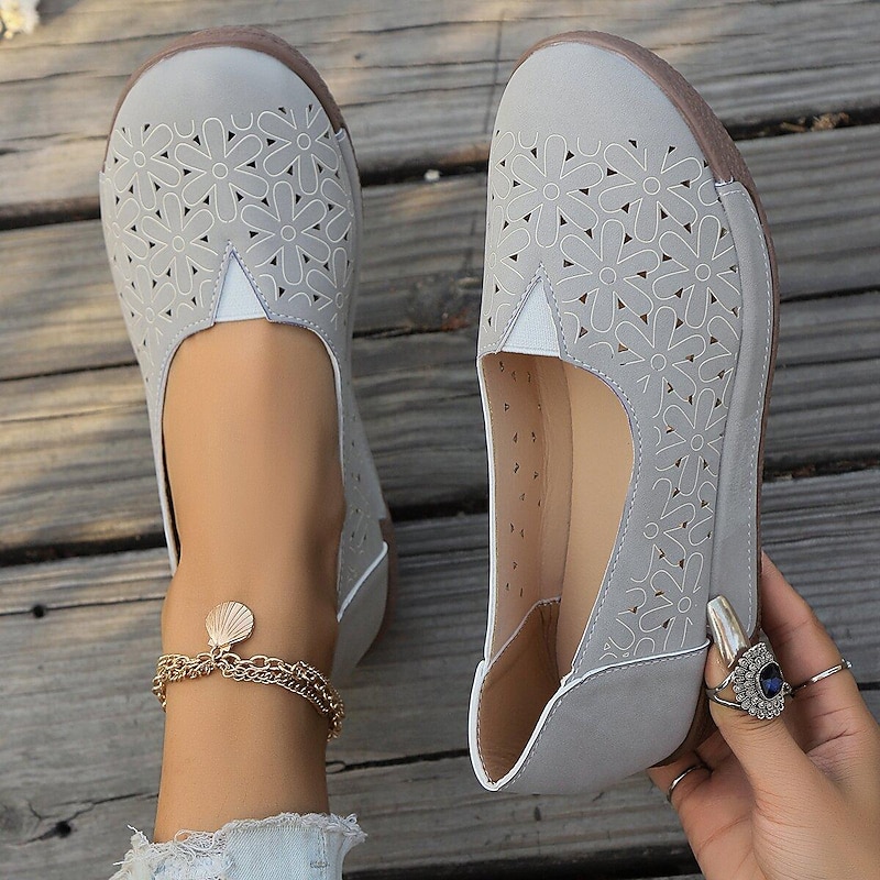 Women's Gray Flower - Perforated Casual Flats, Comfortable Arch - Support Slip - Ons for All - Day Walking & Outings4