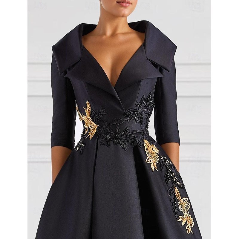 Black A-Line Evening Gown Vintage Embroidered Elegant Dress Tuxedo Dress Formal Floor Length Long Sleeve V Neck Pocket Satin with Beading Appliques3