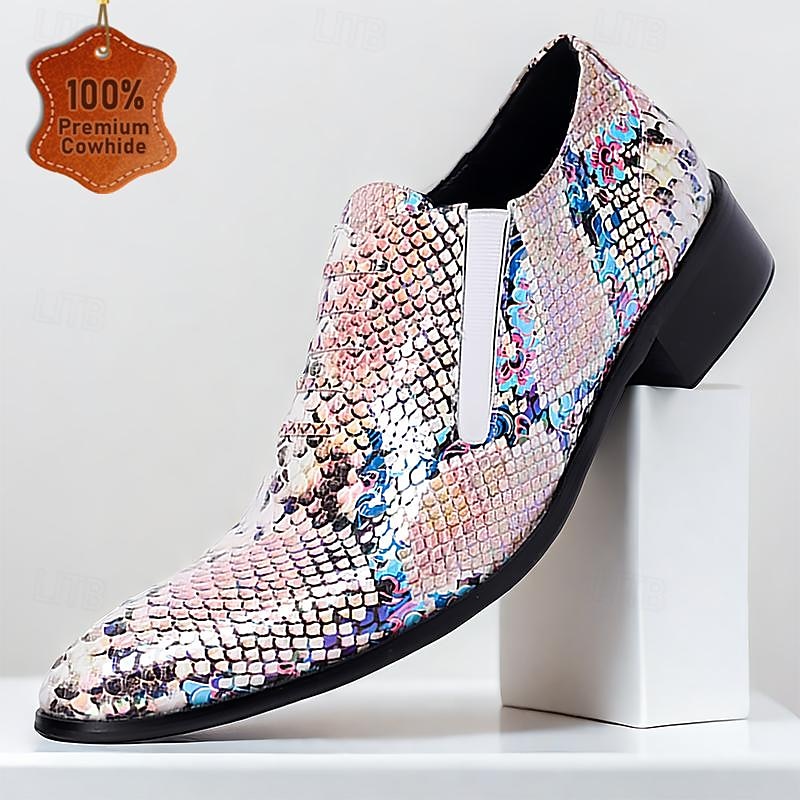 Men's Holographic Multicolor Sequin Leather Loafers with Gold Tip Elastic Gusset and Low Heel
