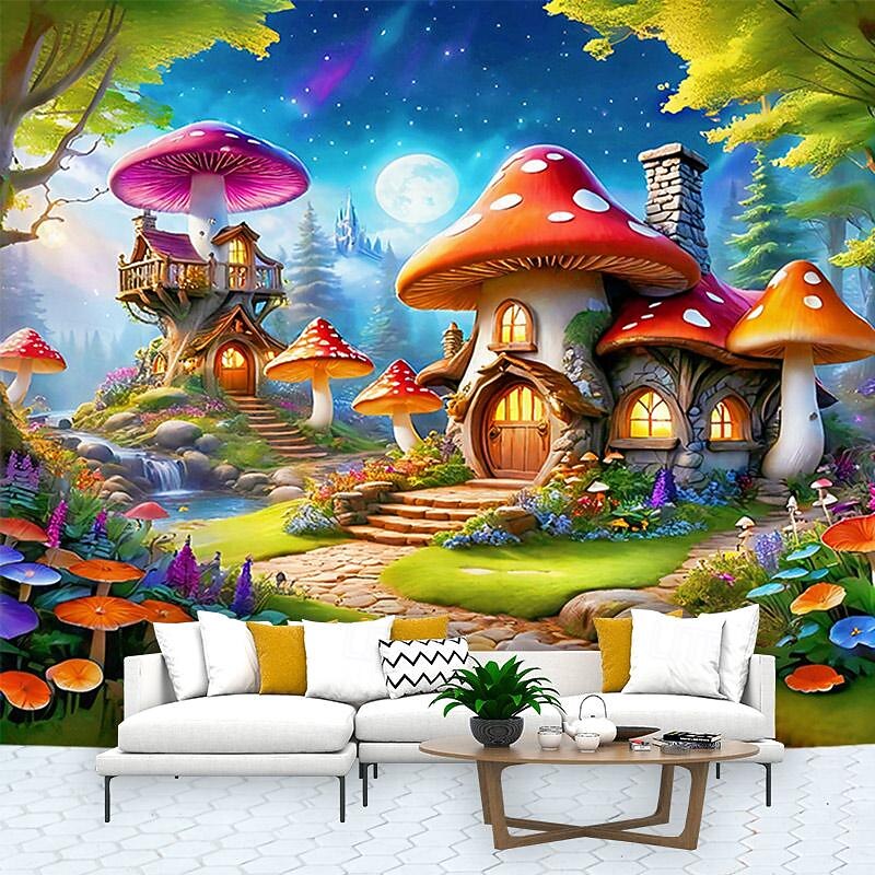 Fantasy Mushroom House Hanging Tapestry Wall Art Large Tapestry Mural Decor Photograph Backdrop Blanket Curtain Home Bedroom Living Room Decoration3