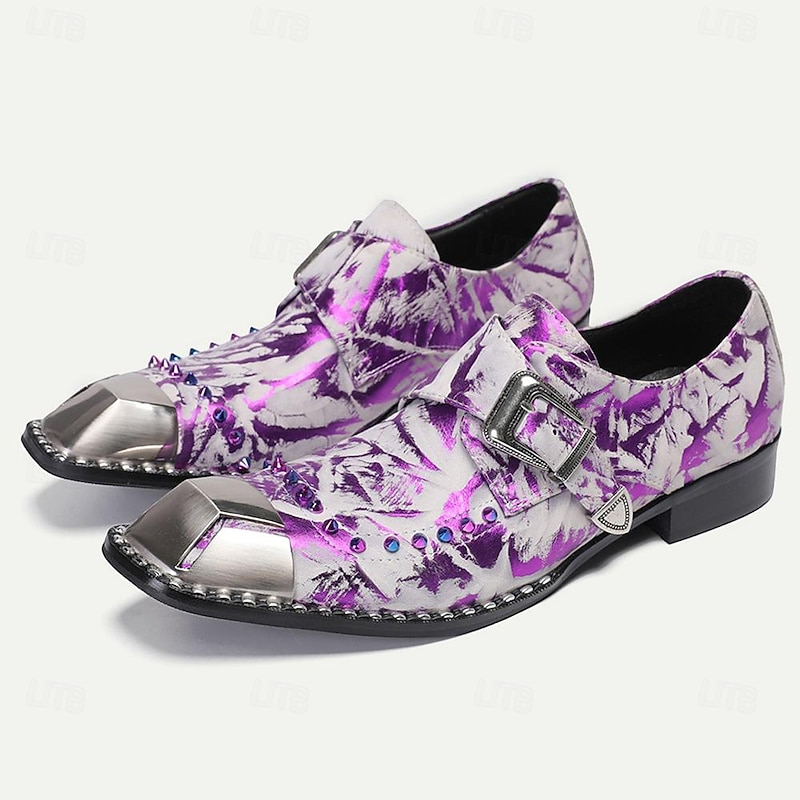 Men's Premium Cowhide Leather Punk Style Shoes - Purple Pattern Slip-On with Buckle and Metal Toe Cap2